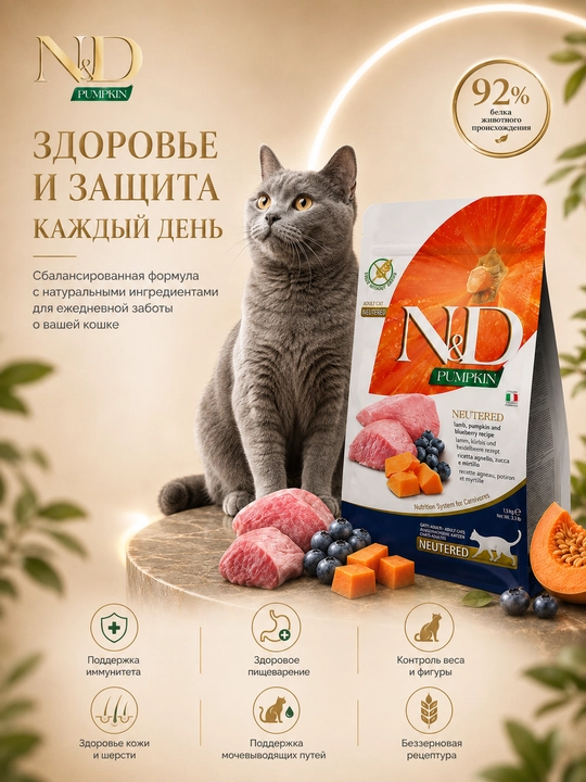 Farmina N&D Pumpkin Neutered Sterelised cухой корм для кошек, ягнёнок тыква и черника1,5кг