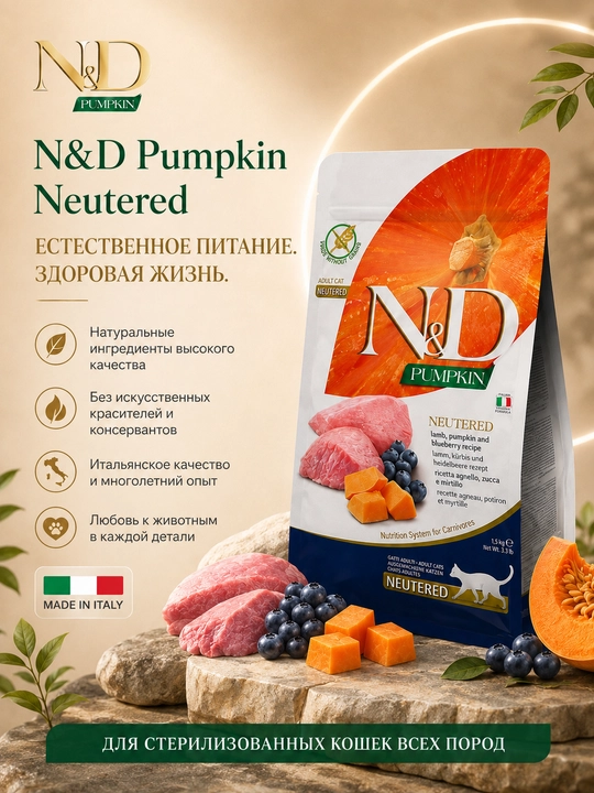 Farmina N&D Pumpkin Neutered Sterelised cухой корм для кошек, ягнёнок тыква и черника1,5кг