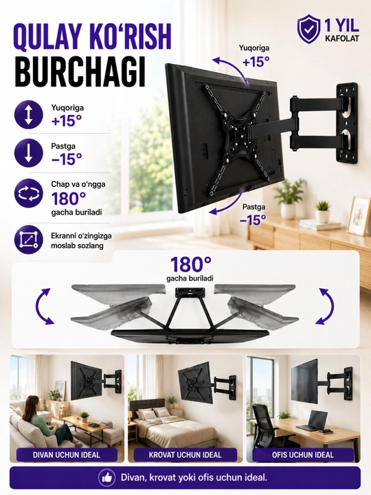 Televizor va Manitor uchun qiya buriluvchi kronshteyn, 180 daraja 26-55 dyumgacha,25-35kg