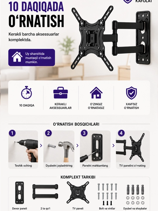Televizor va Manitor uchun qiya buriluvchi kronshteyn, 180 daraja 26-55 dyumgacha,25-35kg