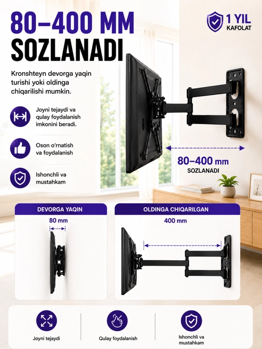 Televizor va Manitor uchun qiya buriluvchi kronshteyn, 180 daraja 26-55 dyumgacha,25-35kg