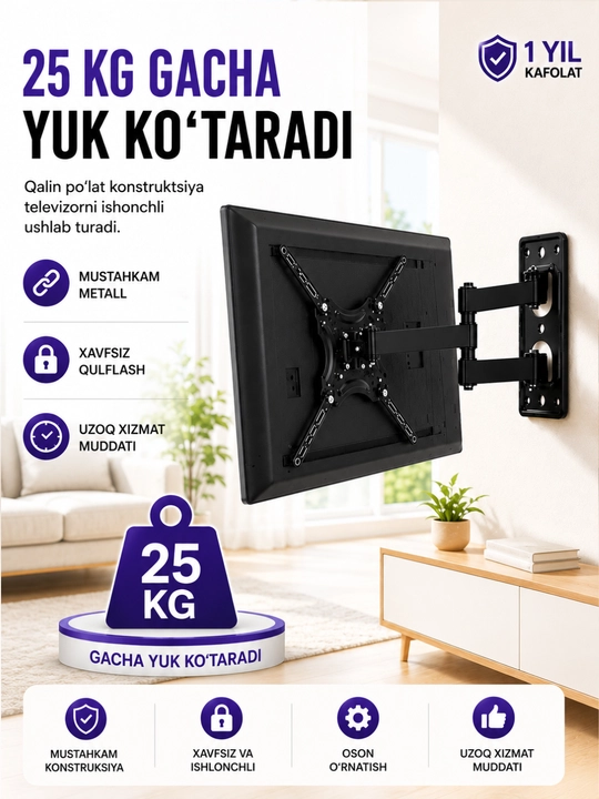 Televizor va Manitor uchun qiya buriluvchi kronshteyn, 180 daraja 26-55 dyumgacha,25-35kg