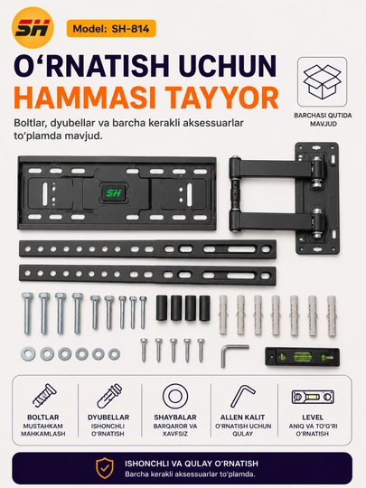 Televizor va Manitor uchun qiya buriluvchi kronshteyn, 180 daraja 26-55 dyumgacha,25-35kg
