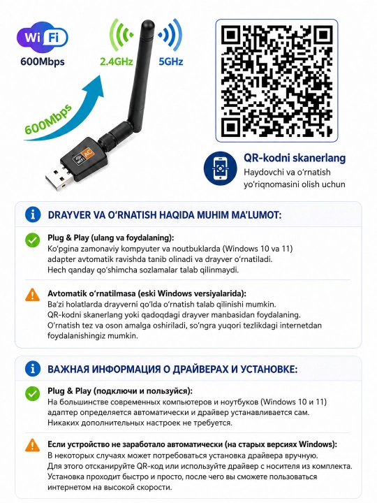 USB Wi-Fi адаптер 600 Мбит/с, 2.4/5 ГГц, двухдиапазонный, RTL8811CU, с антенной
