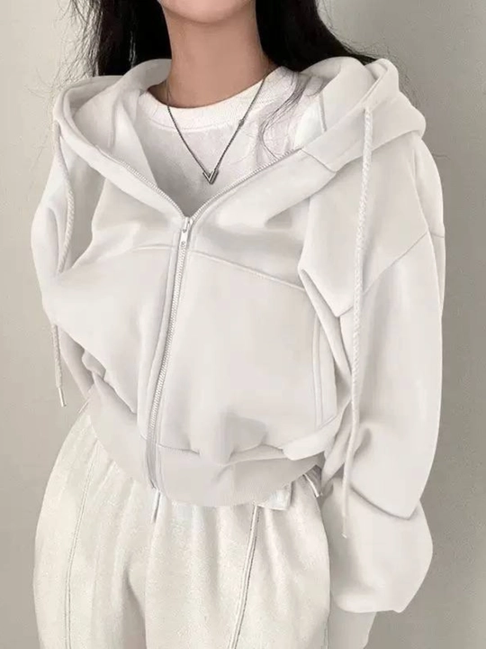 Ayollar uchun qisqa zip-xudi Cropped Hoodie, kapyushonli, kundalik oversize kofta - 