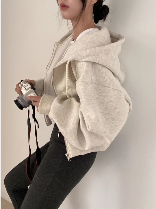Женское укороченное худи на молнии с капюшоном Oversize, повседневная толстовка