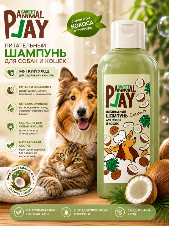 Itlar va mushuklar uchun oziqlantiruvchi shampun Animal Play Sweet "Coconut" - 