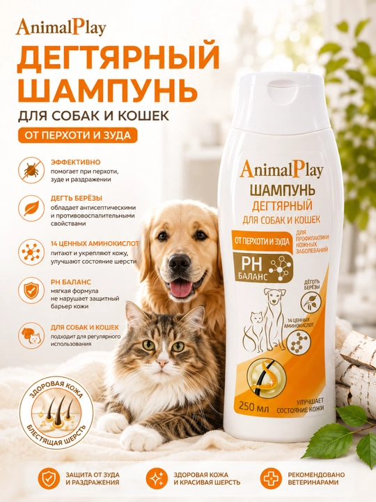 It va mushuklar uchun Animal Play qatronli tar shampuni – Qazg'oq va qichishishga qarshi, 250 ml - 