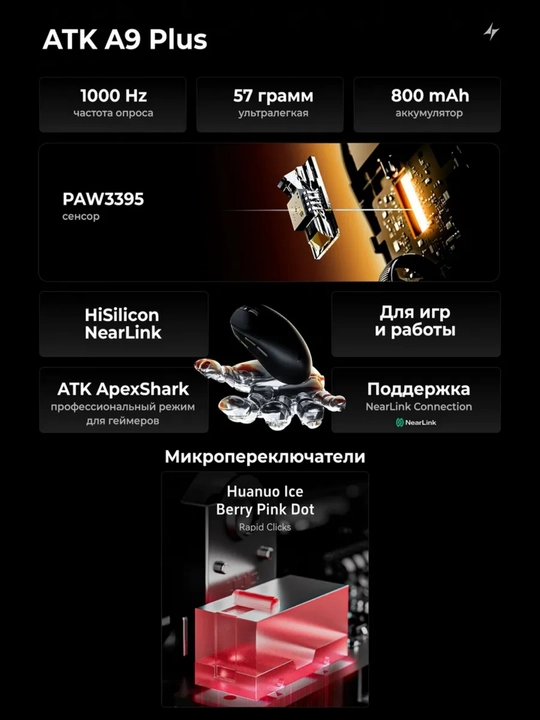 Simsiz o‘yin sichqonchasi ATK A9 PLUS, Bluetooth va 2,4G, 30000 DPI mishka kompyuter uchun