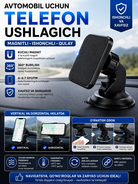 Avtomobil telefoni ushlagichi, so'rg'ich va Velcro bilan - 