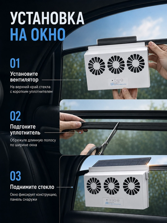 Солнечный вытяжной вентилятор для авто на окно с USB-зарядкой