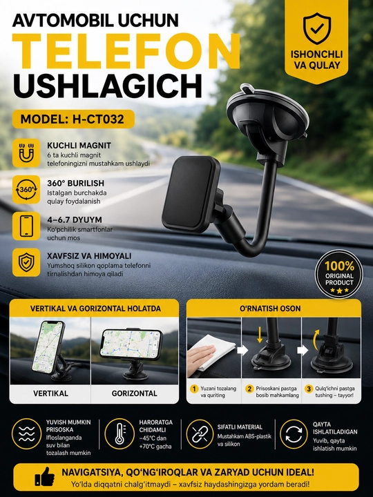 Avtomobil telefoni ushlagichi, so'rg'ich va Velcro bilan - 