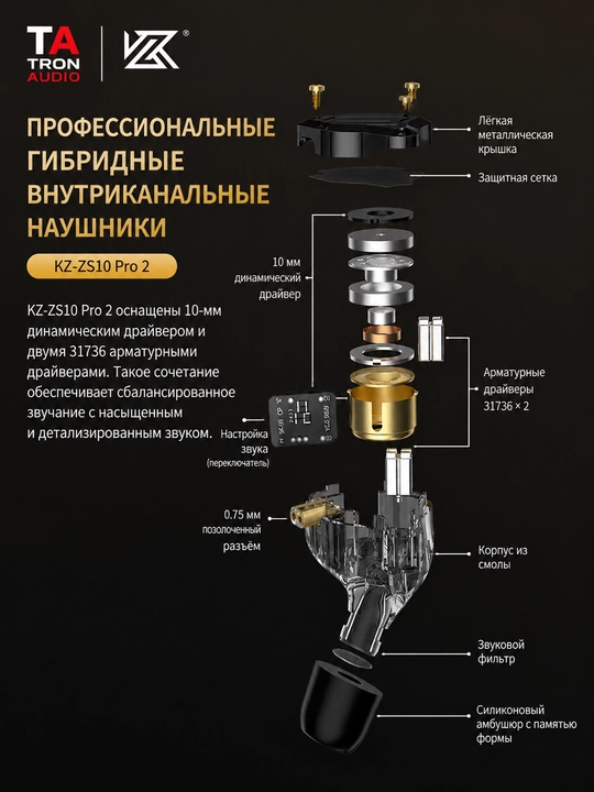 KZ ZS10 PRO 2 10 драйверов Hi-Fi наушники, арматурные и динамические, проводные