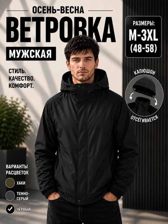 Ветровка мужская демисезонная с капюшоном, водоотталкивающая куртка M–3XL - 