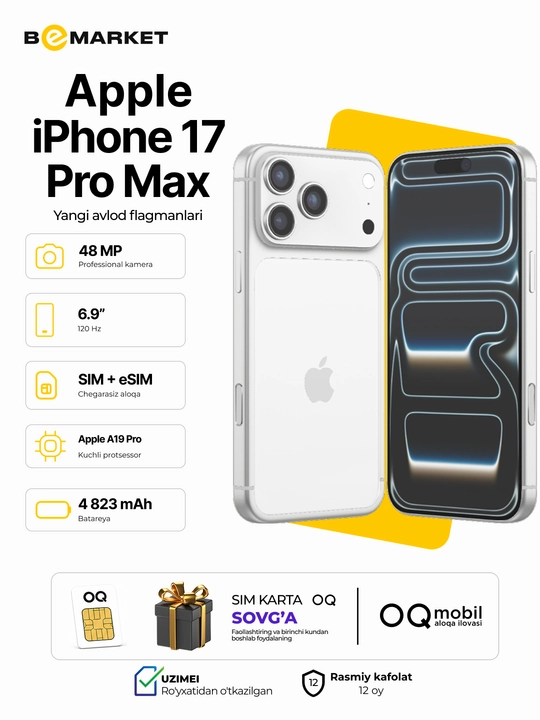 Apple iPhone 17 Pro Max 256GB, SIM + eSIM, IMEI ro‘yxatdan, 1 yil kafolat