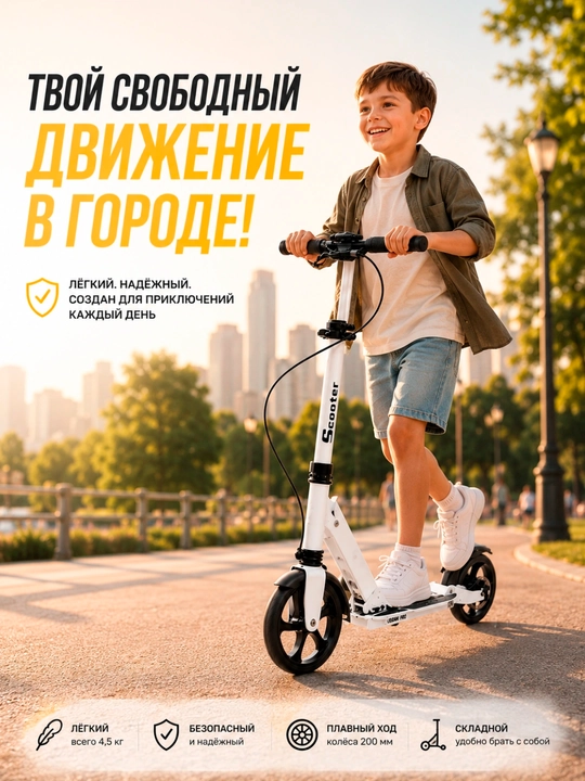 Городской самокат Urban Pro, большие колеса, амортизатор, ручной тормоз, складной, черный