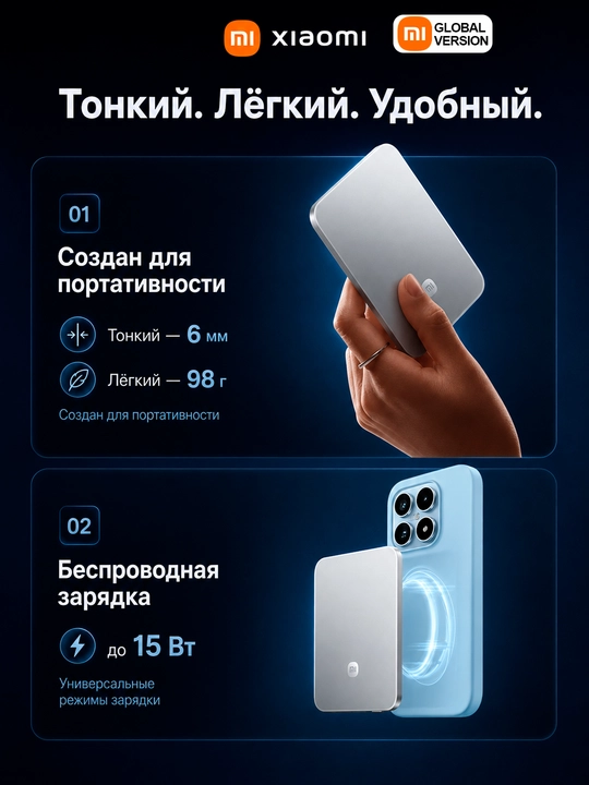 Xiaomi UltraThin 5000 mA/soat magnitli quvvat banki, 22,5 Vt, 15 Vt simsiz, 6 mm