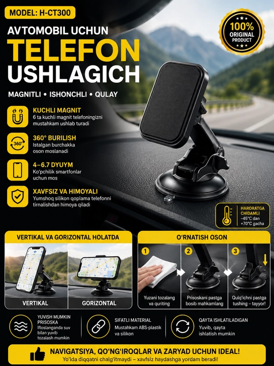 Avtomobil telefoni ushlagichi, so'rg'ich va Velcro bilan - 