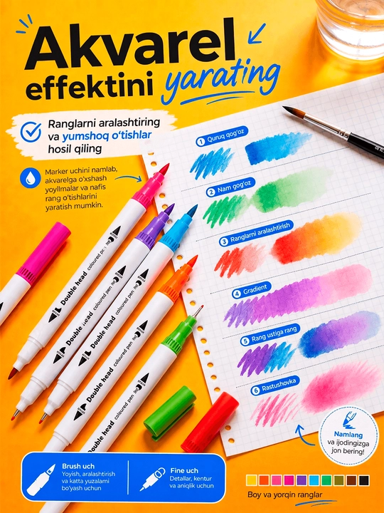 Marker, akvarel markerlar to‘plami, rasm va eskiz chizish uchun markerlar, 12–120 dona