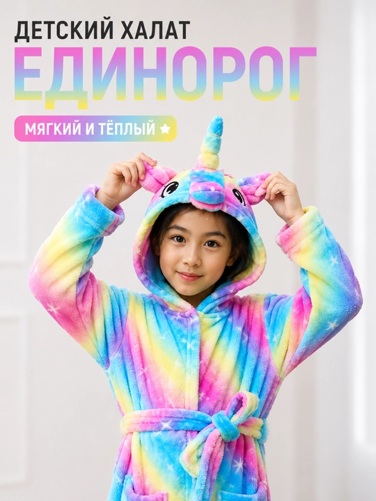 Халат детский домашний для девочки с капюшоном единорог, плюшевый, банный - 