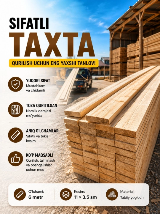 Taxta Qurilish uchun yog‘och taxta tabiiy kesilgan 6 metr 11 × 3.5 sm - 