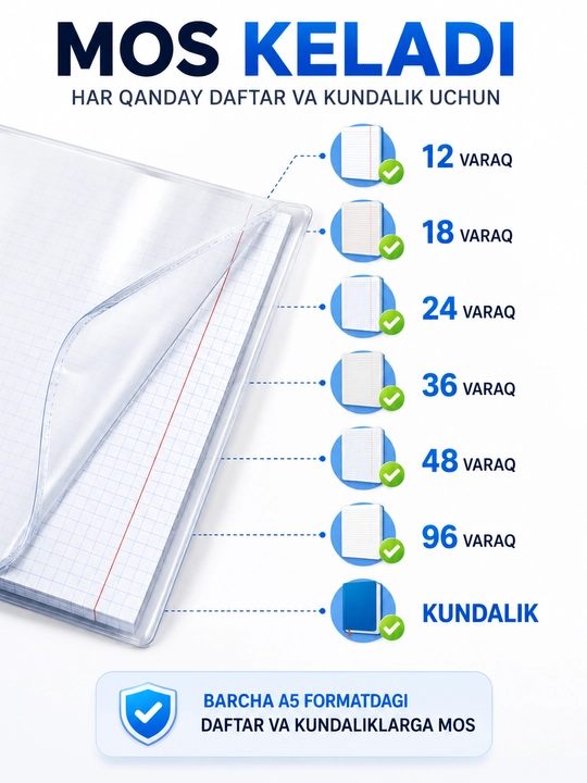 Daftar, kundalik va darsliklar uchun muqovalar A5 24 dona 110 mkm shaffof zich