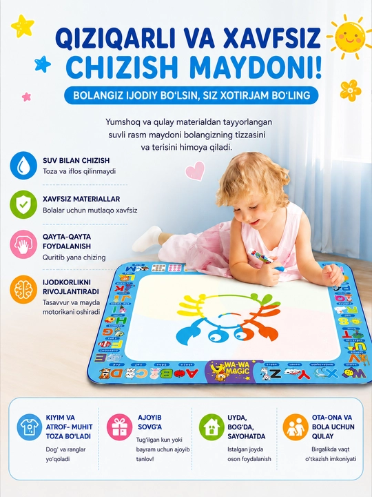 Sehrli suvli chizish gilamchasi — bolalar uchun qiziqarli va xavfsiz o‘yin!