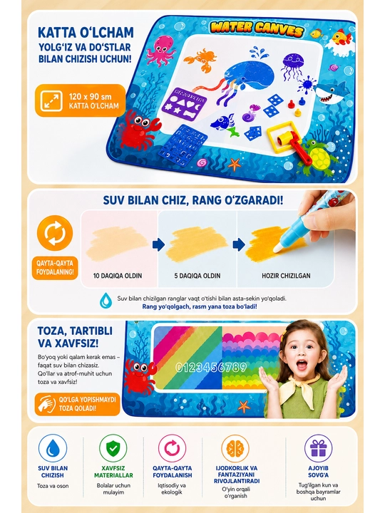 Sehrli suvli chizish gilamchasi — bolalar uchun qiziqarli va xavfsiz o‘yin!