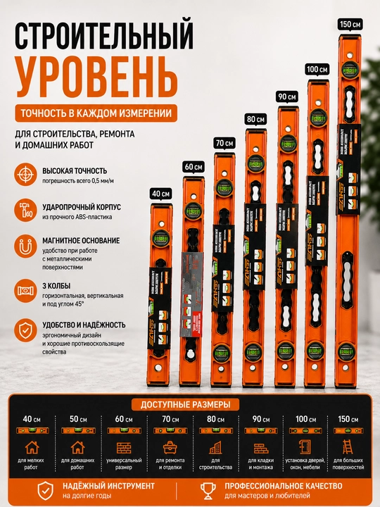 Строительный уровень – точная разметка и прочный корпус, 30–150 см - 