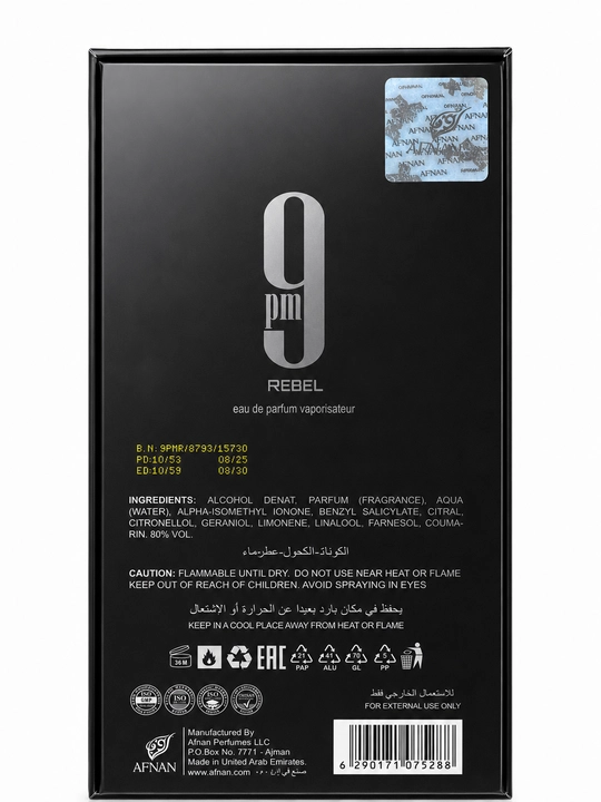Afnan 9 PM Rebel uniseks atri, 100 ml — Chidamli arab parfyumeriya suvi