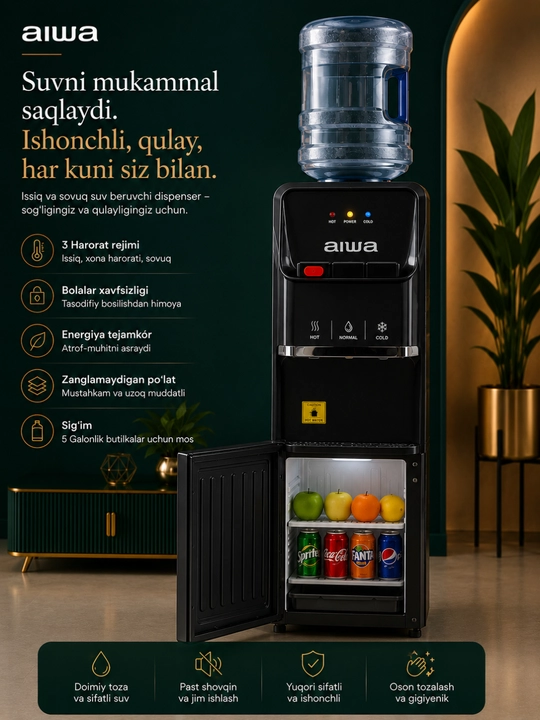 Suv kulleri, issiq, xona haroratidagi va sovuq suv rejimlari, pastki sovutgichli dispenser