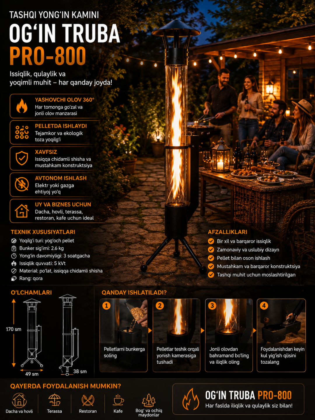 Pellet yoqilg‘isida ishlovchi tashqi isitish kamini OG‘IN TRUBA PRO-800 - 