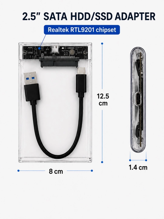 2.5" SATA HDD/SSD uchun shaffof tashqi korpus, USB 3.0, Type-C