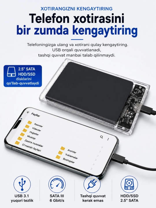 2.5" SATA HDD/SSD uchun shaffof tashqi korpus, USB 3.0, Type-C
