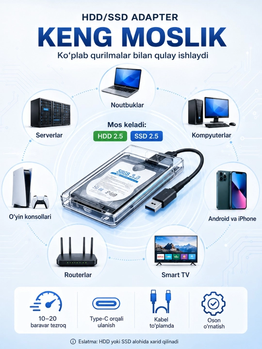 2.5" SATA HDD/SSD uchun shaffof tashqi korpus, USB 3.0, Type-C