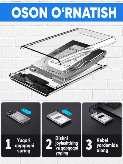 2.5" SATA HDD/SSD uchun shaffof tashqi korpus, USB 3.0, Type-C