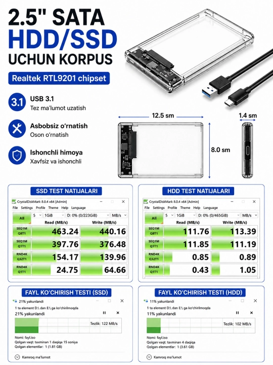2.5" SATA HDD/SSD uchun shaffof tashqi korpus, USB 3.0, Type-C
