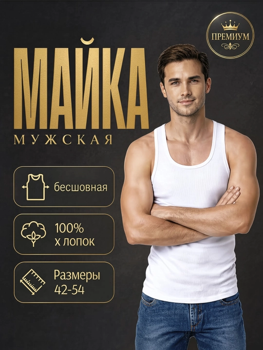 Мужская майка, 100% хлопок, бесшовная - 