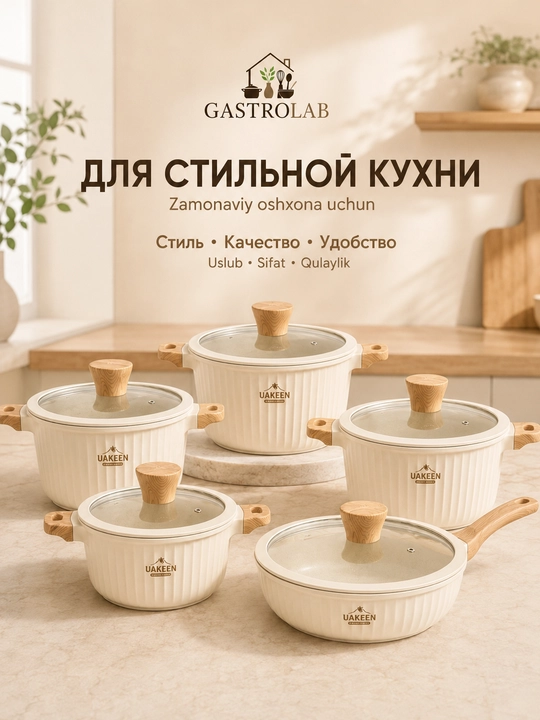 Premium granit qozonlari, yopishmaydigan qoplamali va yog‘och tutqichli