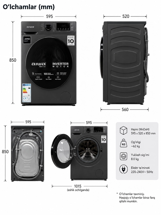 Kir yuvish mashinasi, 8 kg, 1200 ayl/min, DD Inverter Motor