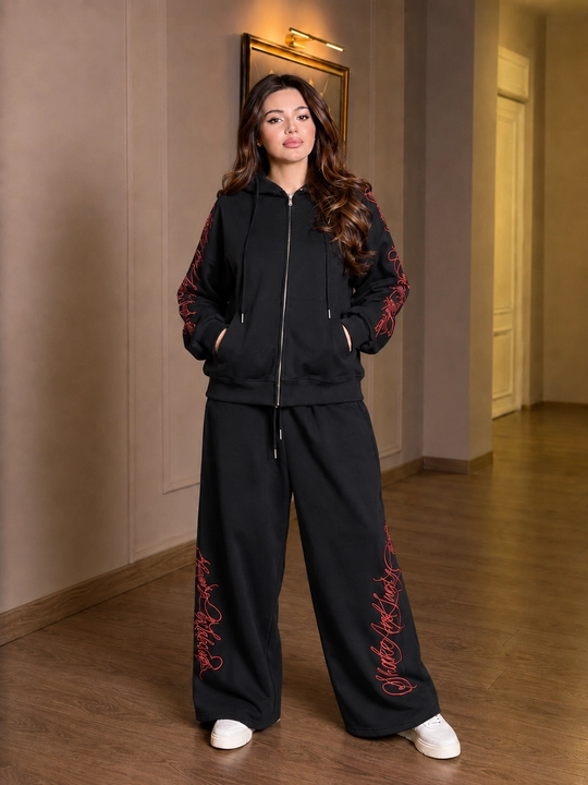 Женский спортивный костюм , с худи на молнии и широкими брюками - 
