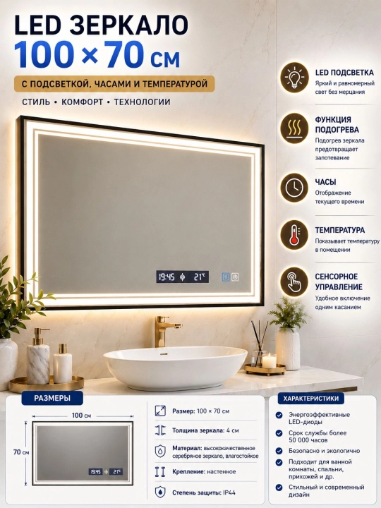 Зеркало LED с обогревом 100×70, с подсветкой, временем и температурой - 