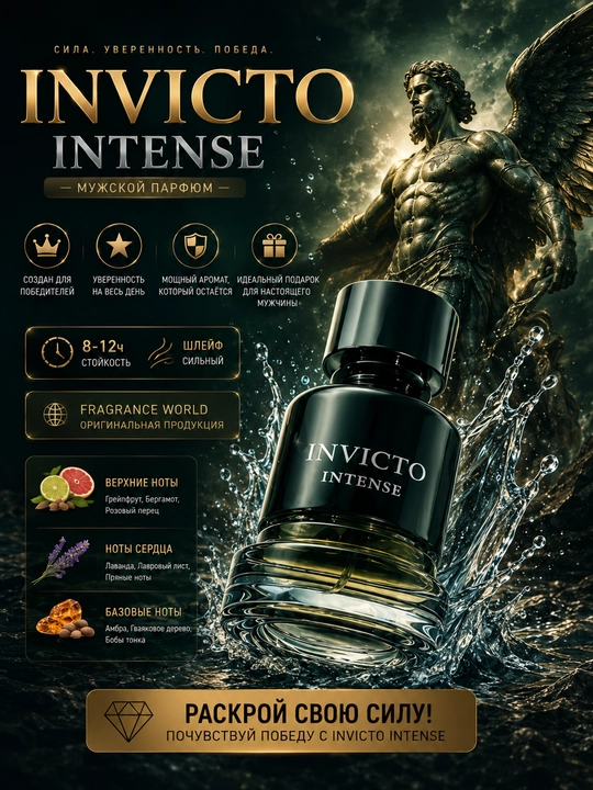 INVICTO INTENSE, Eau de parfum, Erkaklar uchun jozibador va elegant atir, 100 ml (OAE)