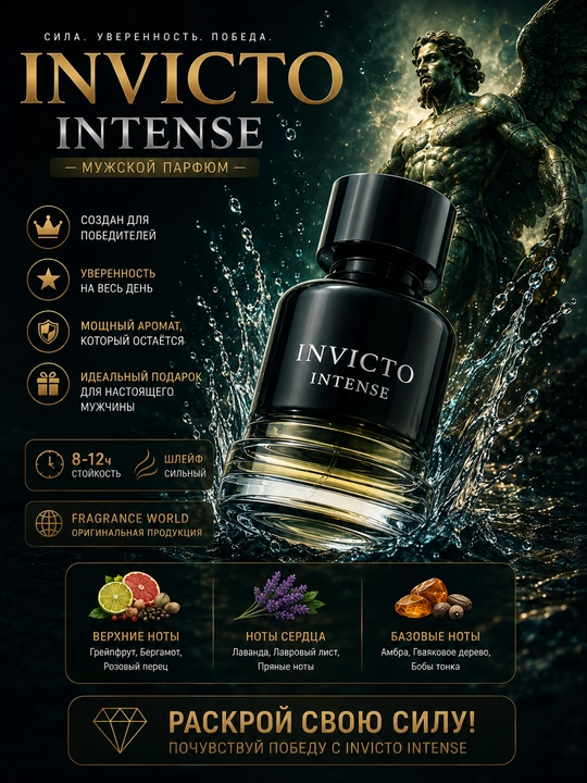 INVICTO INTENSE, Eau de parfum, Erkaklar uchun jozibador va elegant atir, 100 ml (OAE)