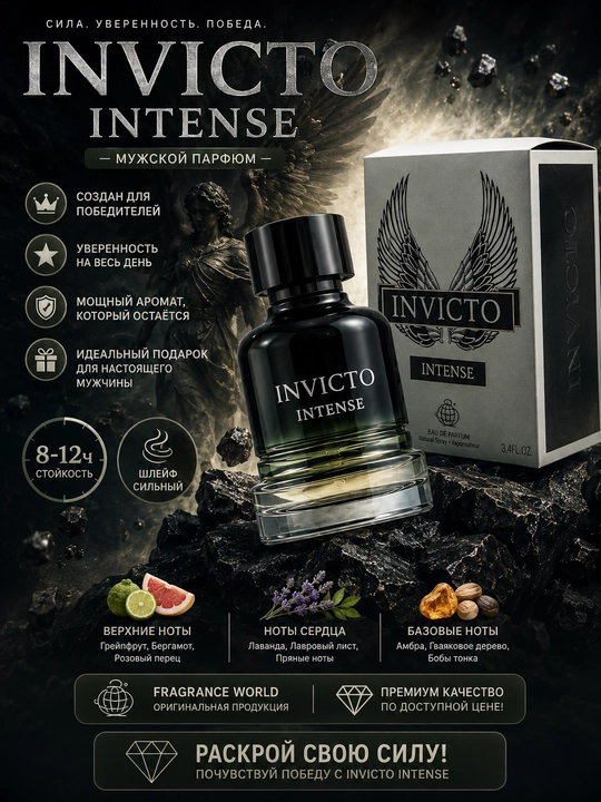 INVICTO INTENSE, Eau de parfum, Erkaklar uchun jozibador va elegant atir, 100 ml (OAE)