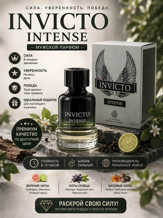 INVICTO INTENSE, Eau de parfum, Erkaklar uchun jozibador va elegant atir, 100 ml (OAE) - 