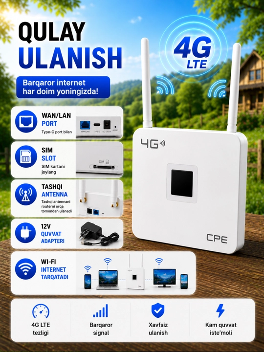 4G LTE CPE Wi-Fi роутер с SIM-картой, для дома и улицы,300mbs