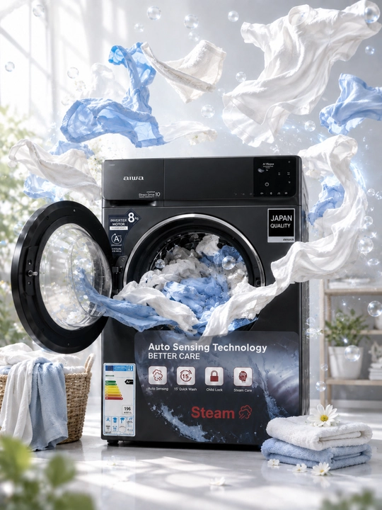 Aiwa Inverter Direct Drive 8 kg Steam kir yuvish mashinasi, LED sensor panel