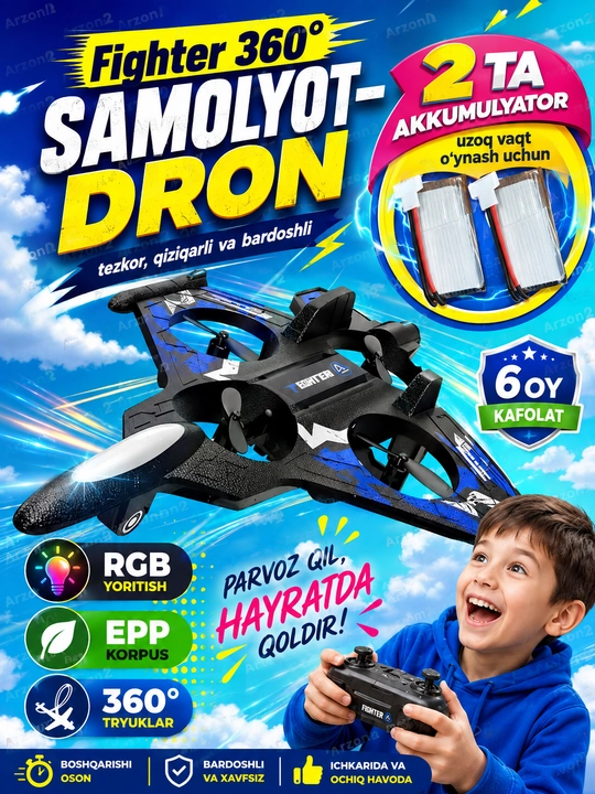 360° tryuklar va yorqin RGB yoritgichlarga ega, radio orqali boshqariladigan Fighter dron-samolyoti - 