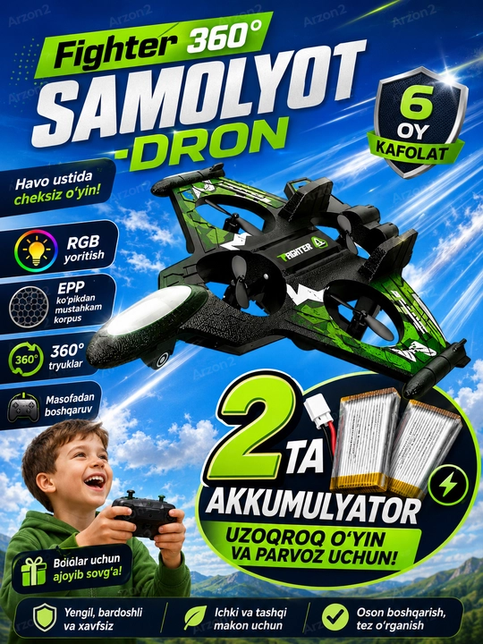 360° tryuklar va yorqin RGB yoritgichlarga ega, radio orqali boshqariladigan Fighter dron-samolyoti - 
